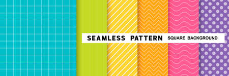 Set of geometric seamless line, circle, dots, wave, zigzag patterns in square shape colorful background. Vector illustrationのイラスト素材