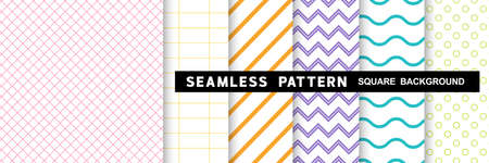 Set of geometric seamless line, circle, dots, wave, zigzag patterns in square shape colorful background. Vector illustrationのイラスト素材