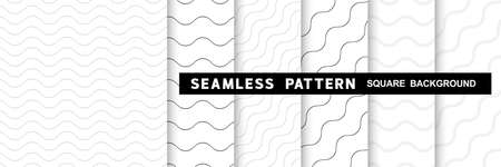 Set of geometric seamless wave line patterns in square shape background, black and white monochrome color. Vector illustrationのイラスト素材