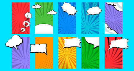 Set collection blank comic cartoon background template for social media story or stories banner in multicolor background, halftone, sun rays effect and bubble text. Vector illustrationのイラスト素材