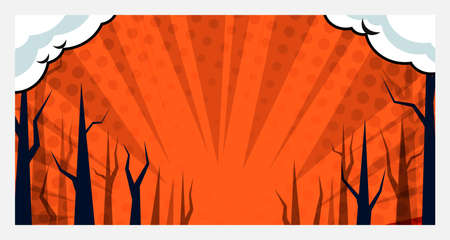 Comic cartoon style background in orange color with Branch tree as sunburst, starburst or sunrays. Suitable for scary, horror, thriller theme. Vector illustrationのイラスト素材