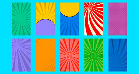 Set collection blank comic cartoon background template for social media story or stories banner in multicolor background and different halftone, sun rays effect. Vector illustrationのイラスト素材