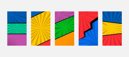 Set collection blank comic cartoon background template for social media story or stories banner in multicolor background and different halftone, sun rays effect. Vector illustrationのイラスト素材