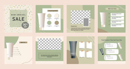 Minimal modern fashion and beauty social media post banner collection kit in green color. Including sale, photo isolated product display, tips template layout design with botanical leaf elementsのイラスト素材
