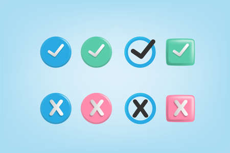 3d cartoon style check cross mark, checklist in multicolored, colorful set isolated white background...
