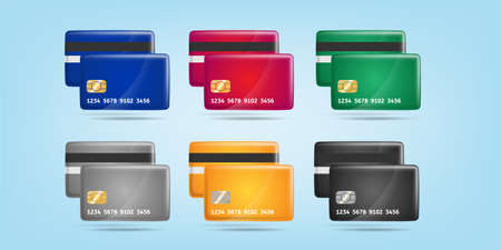 3D cartoon style of card payment in multicolor, blue, red, green, grey, yellow, gold and black, with shadow highlight effect. Vector illustrationのイラスト素材