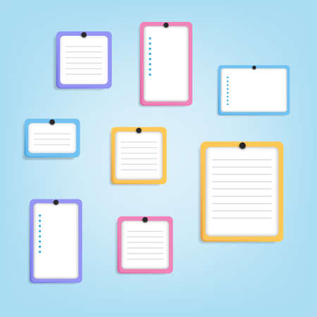 3D Cartoon hanging note with frame and push pin in multicolor set collection. Vector illustrationのイラスト素材