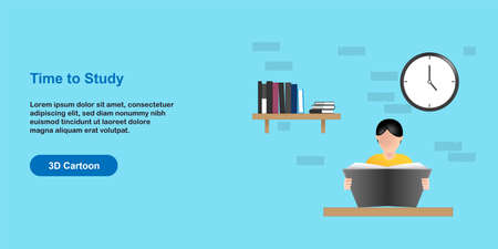 School education banner. 3D cartoon style time to study, reading a book concept. Vector illustrationのイラスト素材