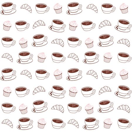 A Cup of coffee with a heart and a saucer with three coffee beans, a croissant and a cupcake. Brown and pink drawings on a white background. Vector seamless pattern for printing on packaging, fabric, textile and menuのイラスト素材