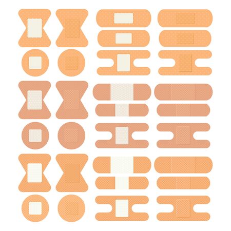Set of medical patches, adhesive bandage, adhesive plaster. Elements for design of medical center, pharmacy, hospital. Concept of medicine, health, health care, health service, medical service. Vectorのイラスト素材