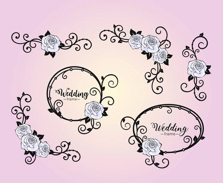 Flower frames with rose and curls. Corner of roses and swirls. Set design elements for holiday greeting card, wedding invitation, banner, monogram, signage, labels, wedding frame. Vector elementsのイラスト素材