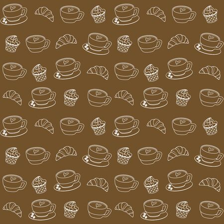 A Cup of coffee and a saucer with three coffee beans, a croissant, a cupcake. White on a coffee-colored background. Vector seamless pattern. Design template for printing on packaging, fabric, textile, menuのイラスト素材