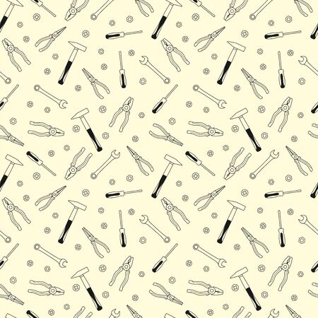 Vector seamless pattern for construction store, repair tool store, repair center, printing on packaging, fabric, textile. Working tools for construction and repair. Design template for construction conceptのイラスト素材