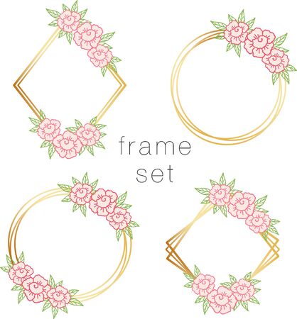 Round and square gold frames with abstract flowers and leaves. The set can be used to decorate a holiday greeting card, wedding invitation, banner, monogram, signage, labels and wedding frame. Design templateのイラスト素材