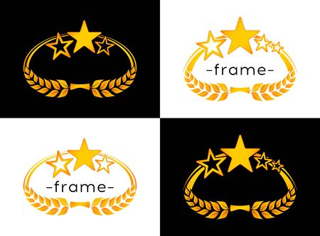 Frame with laurels and stars on white and black background with place for your text. Vector set. Design template for award, signage and labelsのイラスト素材