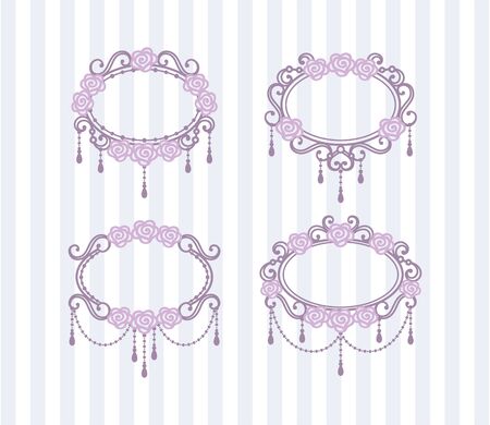 Set of vintage wedding frames with roses and beads on a background of longitudinal stripes. Vector design elements for holiday greeting card, wedding invitation, banner, monogram, signage, labels. Design templateのイラスト素材