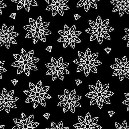 White geometric flowers with eight petals and abstract diamonds on a black background. Linear geometric decor. Vector seamless pattern. Can be used for holiday wrapping paper and as a print on fabricのイラスト素材