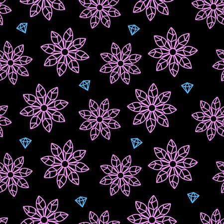 Pink geometric flowers with eight petals and abstract blue diamonds on a black background. Linear decor. Vector seamless pattern. Can be used for holiday wrapping paper, packaging and as a print on fabricのイラスト素材
