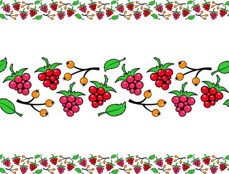 Seamless border of abstract berries, twigs and leaves. Red, pink raspberries. Graphic vector image. Design element for decoration. Can be used for printing on packaging, paper, fabric, textile, menuのイラスト素材