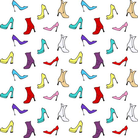 Colorful ladies high heels shoes and half-boots on a white background in flat style. Vector seamless pattern for shoe store, shoe factory, printing on packaging, wrapping paper, sales packages, fabric and textileのイラスト素材