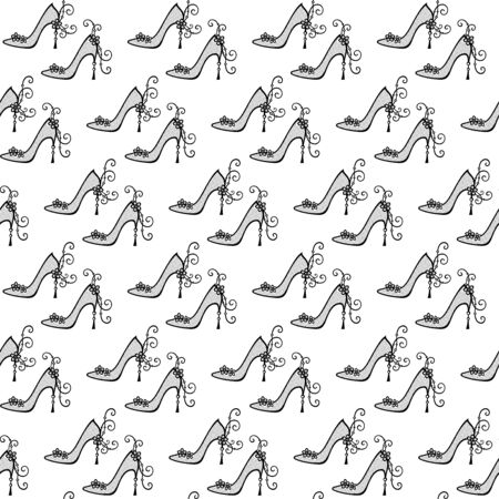 Openwork black high heels shoes with flowers and swirl in flat style on a white background. Vector seamless pattern for shoe store, shoe factory, printing on packaging, wrapping paper, sales packages, fabric and textileのイラスト素材