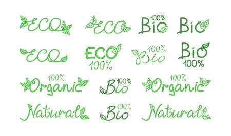 Set of icons, labels, emblems, signs for natural product, farm market, food market, eco friendly handmade product, natural product packaging. ECO, Bio, organic, natural products concept. Vector designのイラスト素材