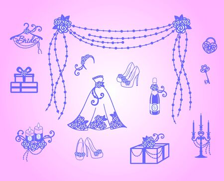 Bride's wedding set. Wedding items decorated with roses and ribbons with beads. Elements for decoration of holiday greeting card, invitation or banner. Vectorのイラスト素材