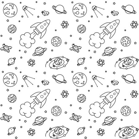 Rocket, satellite and moon among different planets, galaxies and stars. Black elements on a white background. Vector seamless pattern for kids wallpaper, wrapping paper, packaging, printing on clothes and fabric and textile. Design templateのイラスト素材