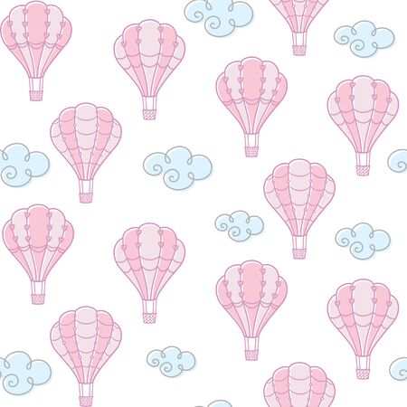 Clouds and decorative pink hot air balloons with hearts and beads on a white background. Vector seamless pattern for greeting card, wrapping paper, kids wallpaper, packaging, printing on clothes, fabric and textile. Design templateのイラスト素材