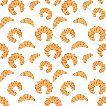 Fresh pastry. Croissants and bagels on a white background. Vector seamless pattern for bakery, store, cafe, printing on packaging, paper, fabric, textile and menu. Design templateのイラスト素材