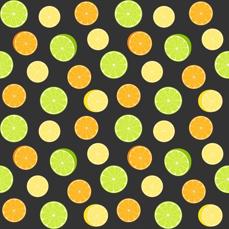 Colorful citruses, lime, lemon and orange slices on a black background. Vector seamless pattern, design template for wallpaper, wrapping paper, packaging, printing on fabric, textile, clothes and bagsのイラスト素材