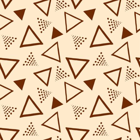 Geometric seamless pattern with different brown triangles on a beige background. Vector design template for wallpaper, wrapping paper, packaging, website, printing on fabric, textile, clothes and bags. Hand drawnのイラスト素材