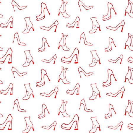 Bright red ladies high heels shoes and half-boots on a white background in flat style. Vector seamless pattern for shoe store, shoe factory, printing on packaging, wrapping paper, sales packages, fabric and textile. Design templateのイラスト素材