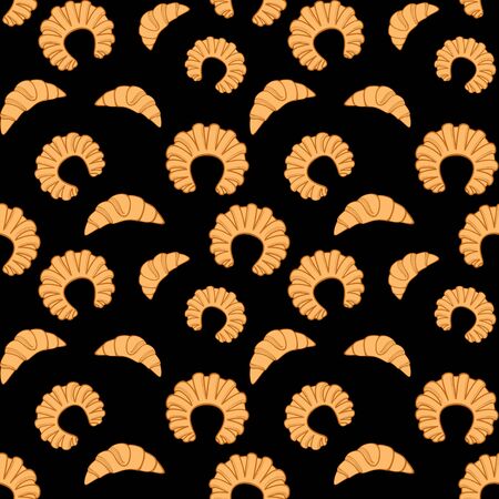 Fresh pastry. Croissants and bagels on a black background. Vector seamless pattern for bakery, store, cafe, printing on packaging, paper, wrapper, fabric, textile and menu. Design templateのイラスト素材