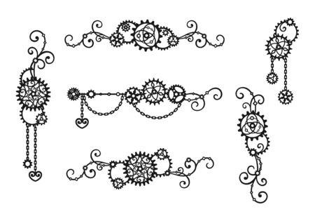 Borders and frames made of gears, chains and curls. Mechanism Steampunk Set of decorative elements for a stylish holiday greeting card, signage, labels, laser and plotter cutting. Vector design templateのイラスト素材