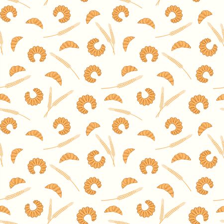 Croissants, bagels and spikelets on a beige background. Fresh pastry. Vector seamless pattern for bakeries, store, cafe, printing on packaging, wrapper, paper, fabric, textile and menu. Design templateのイラスト素材