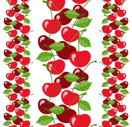 Seamless vertical border with cherries and leaves on a white background in flat style. Vector design template, vertical pattern for packaging, wrapper, printing on menu, fabric, textile, clothes and bagsのイラスト素材