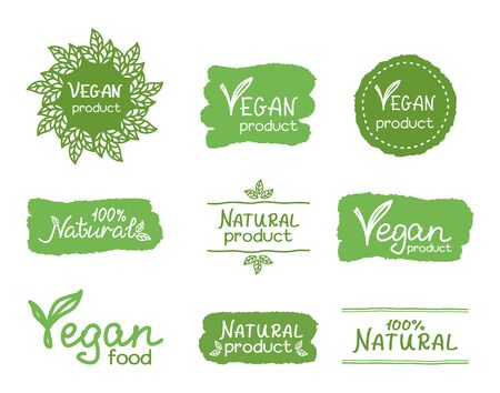 Vegan and natural product hand lettering. Set of signs, icons, emblems and labels for natural product, farm market, food market, eco friendly handmade product, natural product packaging. ECO, organic, natural products concept. Vector design templateのイラスト素材