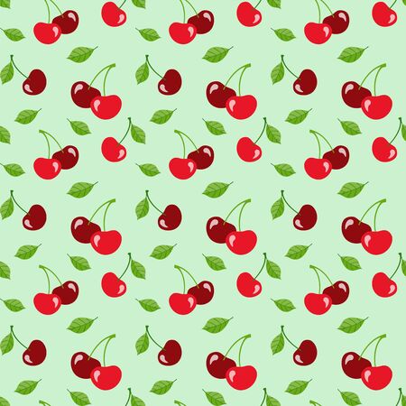 Red cherries with leaves on a pale green background, flat style. Vector seamless pattern for wrapping paper, packaging, wallpaper, printing on fabric, textile, menu, clothes and bags. Design templateのイラスト素材