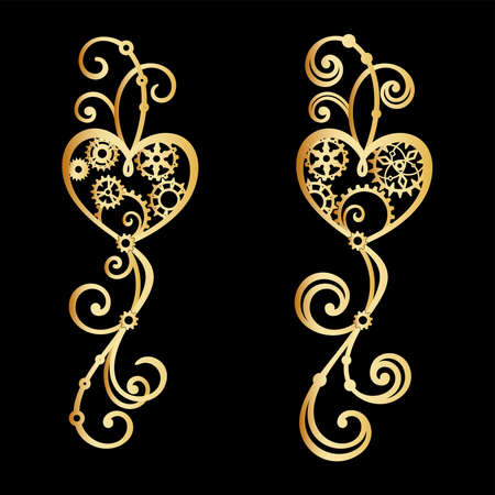 Golden heart with gears, cogwheels and swirls on a black background. Vector decorative elements for festive design, holiday greeting card, print for t-shirt, clothing and bags. Design templateのイラスト素材
