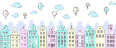 Colorful street panorama with European old buildings, facades of historical houses in the Dutch style and hot air balloons in the sky. Seamless horizontal background for greeting card, banner, websiteのイラスト素材