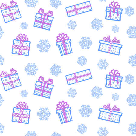 Different blue gift boxes with purple ribbons and bows on a white background with blue openwork snowflakes. Vector seamless pattern for festive design, Christmas wallpaper, banner, packaging, wrapperのイラスト素材