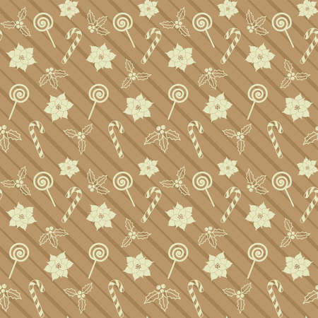 Candy cane, lollipop, mistletoe, Christmas Holly berries and poinsettia on a striped beige background. Vector seamless pattern for festive design, Christmas and New Year wallpaper, banner, packagingのイラスト素材