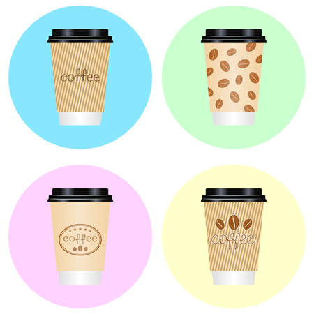 Paper coffee cups with coffee beans and hand lettering. Coffee to go paper cups, hot drink. Vector set for coffee house, coffee shop, packaging, wrapper, sales flyer, banner, logo, label and signboardのイラスト素材