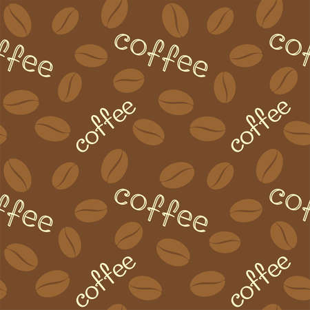 Coffee hand lettering and coffee beans on a brown background. Vector seamless pattern for coffee shop, cafe, restaurant, packaging, wrapper, wrapping paper, sales banner, printing on textile and menuのイラスト素材