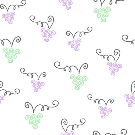 Lilac and green abstract bunches of grapes, vines on a white background. Hand drawn, outline. Vector seamless pattern for kid`s wallpaper, wrapping paper, packaging, wrapper and printing on clothesのイラスト素材