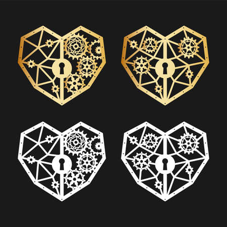 White and gold silhouettes of geometric hearts with polygonal texture, gears and keyhole. Mechanism. Steampunk. Vector design template for a stylish holiday greeting card, love concept, laser cuttingのイラスト素材