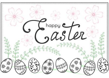 Three Easter eggs and rabbit ears on a white background with a dotted border. Greeting inscription on the central pale pink egg and flower ornament on the side eggs. Easter greeting cardのイラスト素材