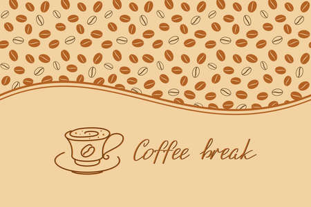 Beige background with coffee cup, coffee break hand lettering and horizontal border of coffee beans. Vector design template for coffee house, coffee shop, cafe, restaurant, cafeteria, banner and flyerのイラスト素材