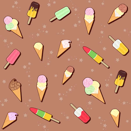 Different colorful ice cream cone and on a brown background with stars. Summer food and dessert. Vector seamless pattern for ice cream shop, cafe, sweet shop, wrapping paper, packaging, menuのイラスト素材